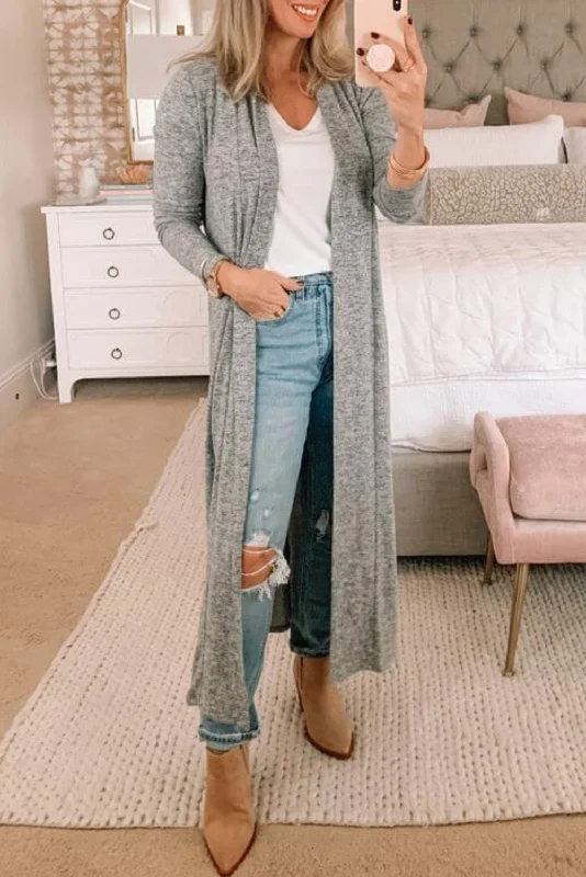 Price Cut Gray Casual Tie Back Open Front Long Cardigan