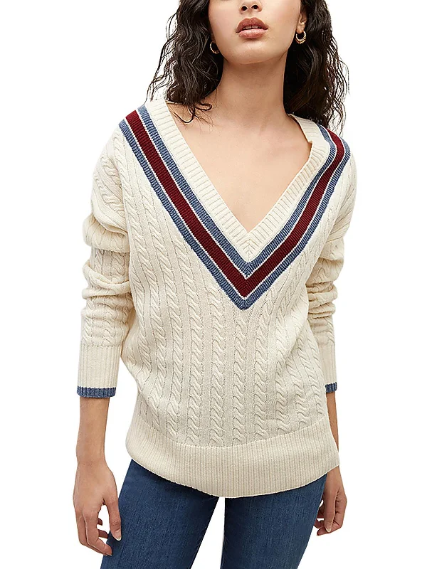 Take Advantage Womens Cable-Knit Ribbed Trim V-Neck Sweater