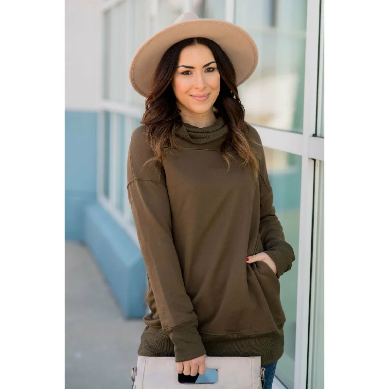 Price Rollback Cuffed Cowl Neck Tunic - Olive