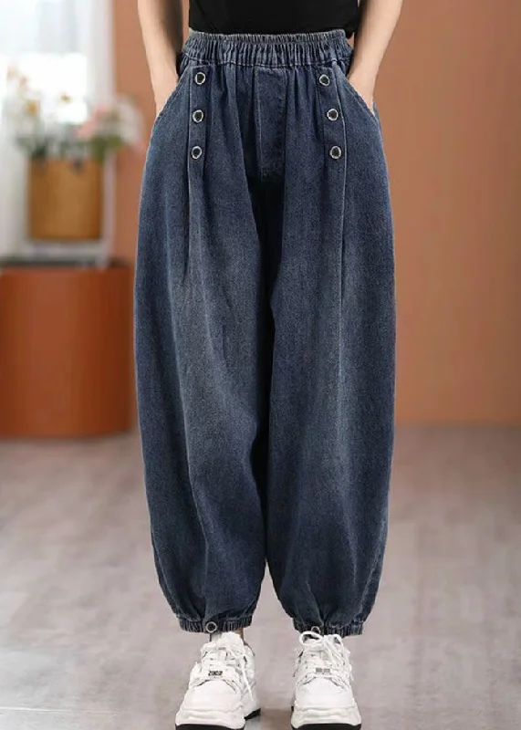 Deal Dash Casual Blue Pockets Elastic Waist Denim Pants Fall