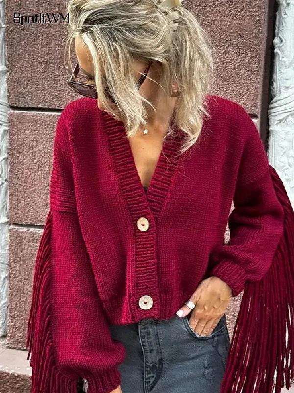 Price Drop Red Tassels Patchwork V Neck Christmas Sweater