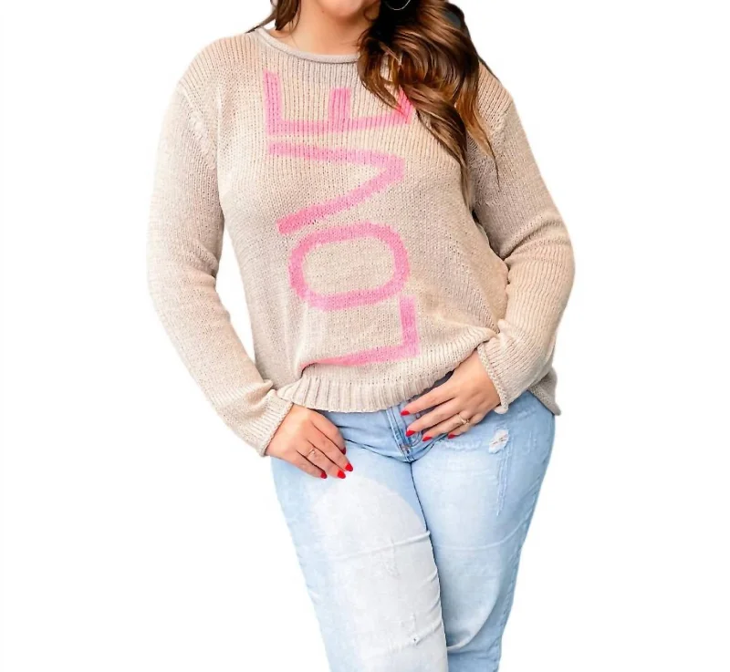 Price Slash Love Cotton Crew Sweater In Pink/khaki