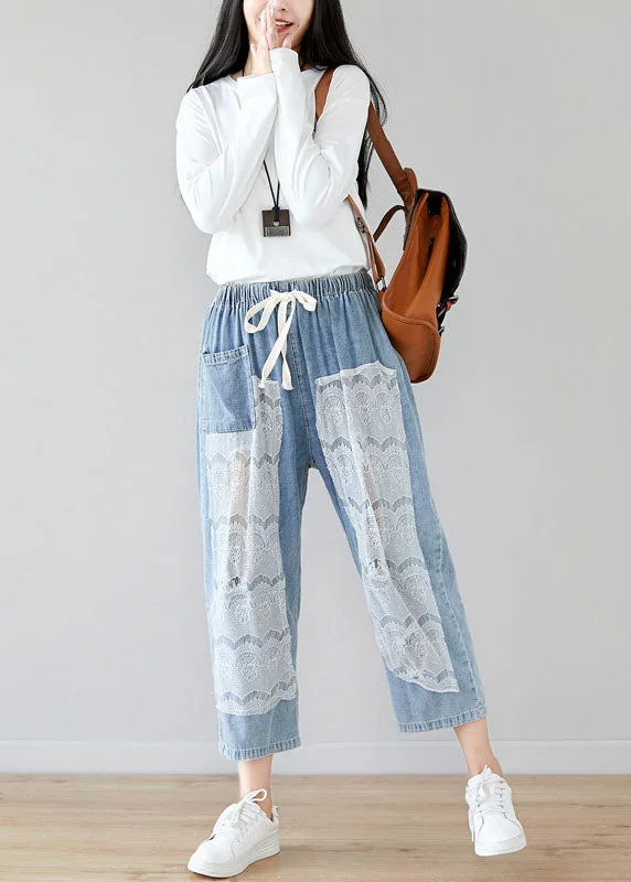 Epic Deals Art Light Blue Oversized Lace Patchwork Hollow Out Cotton Pants Trousers Summer