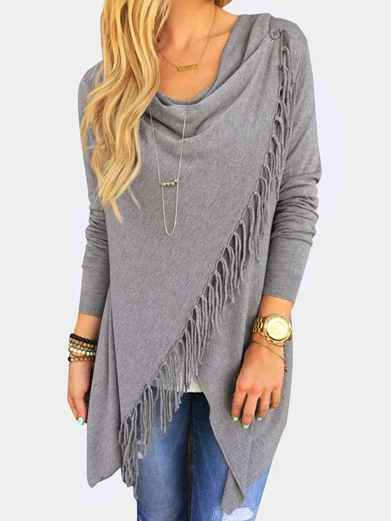 Price Break OEM ODM Round Neck Tassel Long Sleeve Tassel Hem Grey Top