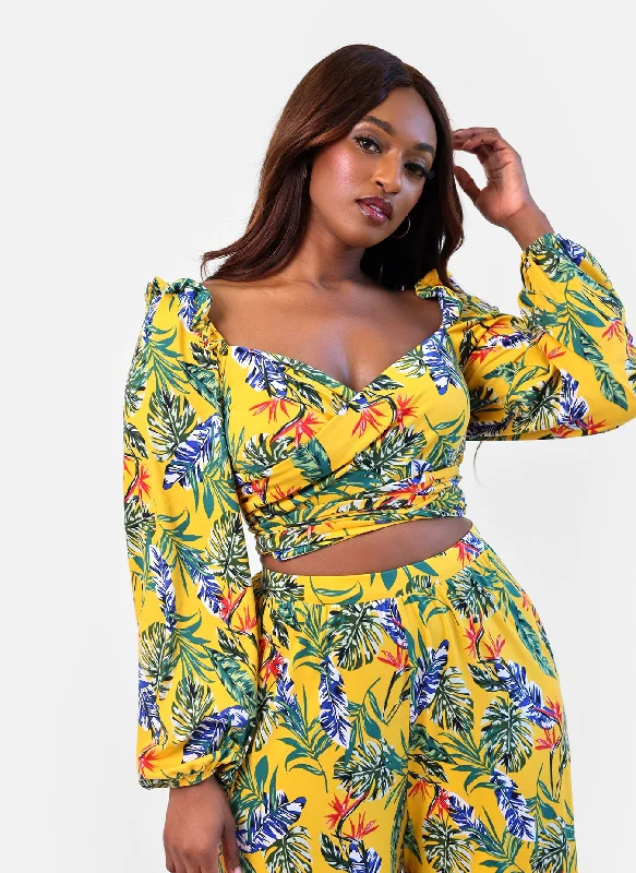 Clearance Sale Destiny Tropical Print Puff Sleeve Crop Top