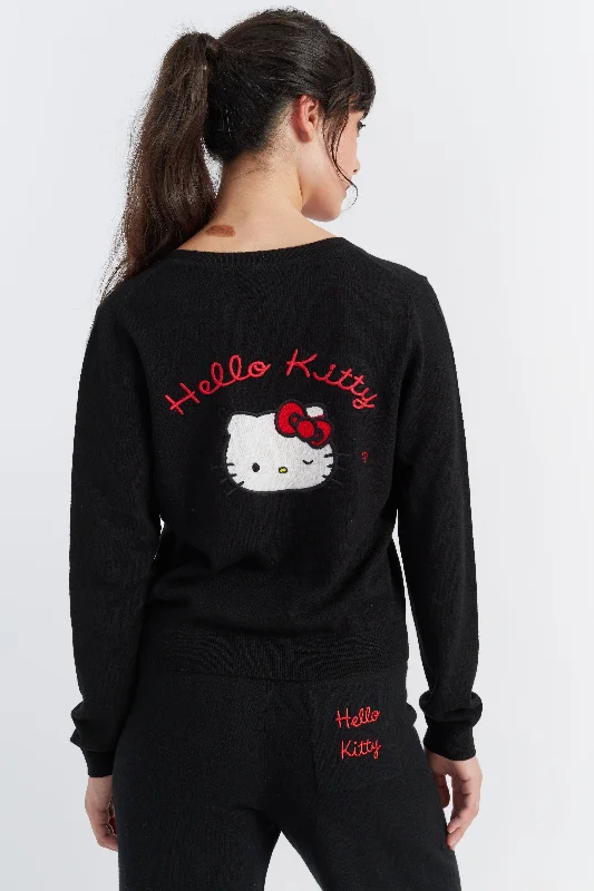 Final Clearance Black Wool-Cashmere Hello Kitty Bow Cardigan