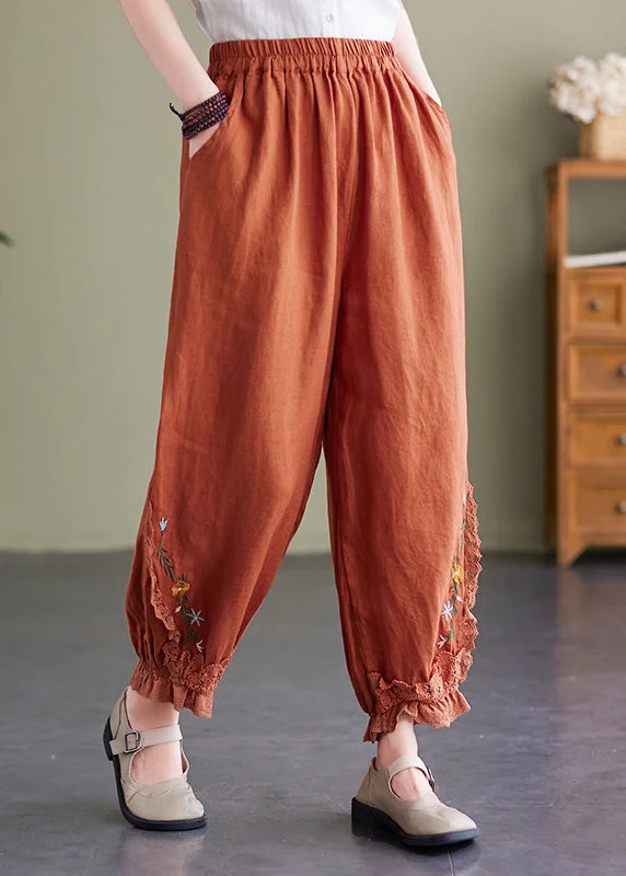 Act Now Casual Orange Embroideried Pockets Linen Lantern Pants Summer