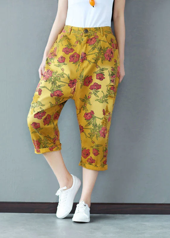 Bargain Prices Plus Size Yellow Elastic Waist Print Cotton Harem Pants Spring