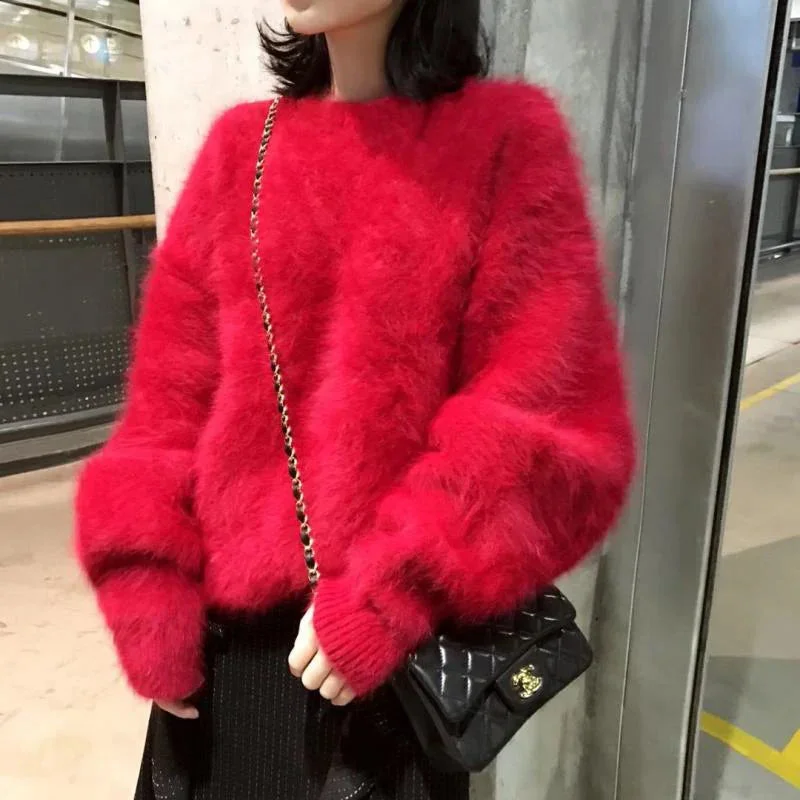 Great Bargain Mohair Knitted Thick Warm Red Loose Christmas Sweater