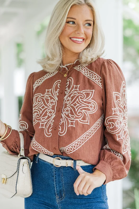 Daily Deals Western Discovories Mocha Brown Embroidered Blouse