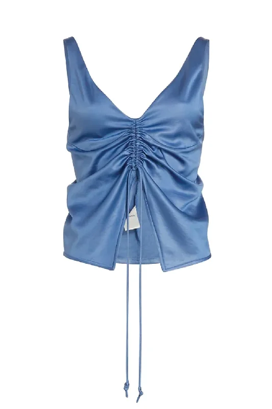 Midnight Madness Nanushka Klara Ruched Front Satin Top - Blue
