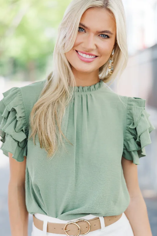 Weekend Deals You Can't Resist See You Out Light Olive Green Ruffled Blouse