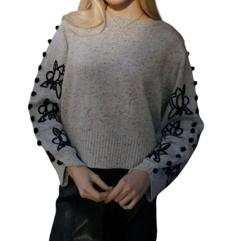 Can't Miss Embroidered Sleeve Sweater In Grey