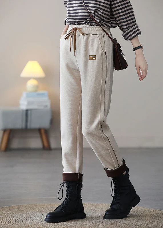 Weekend Shopping Bliss Art Beige Elastic Waist Patchwork Applique Warm Fleece Harem Pants Spring