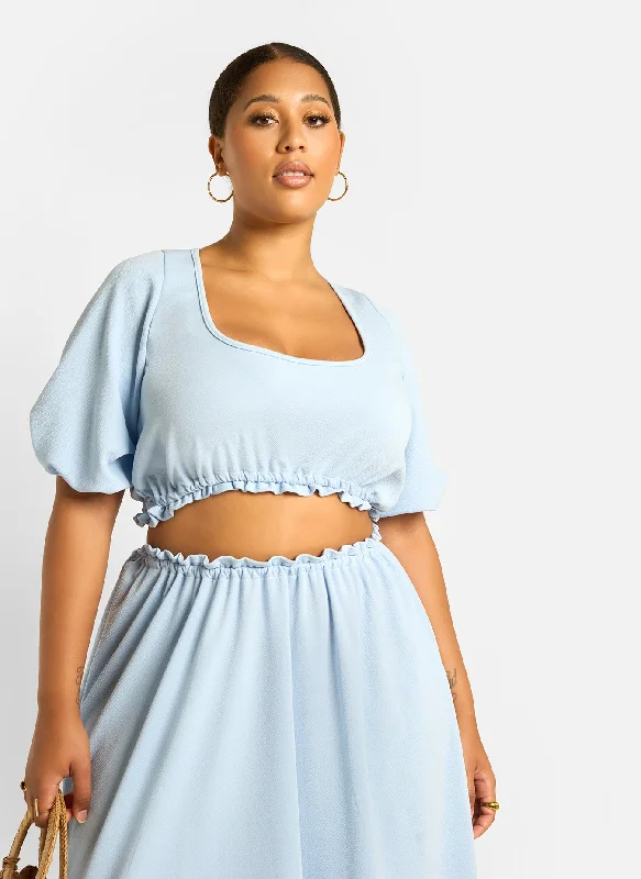 Savings Galore Cyan Puff Sleeve Crop Top - Baby Blue