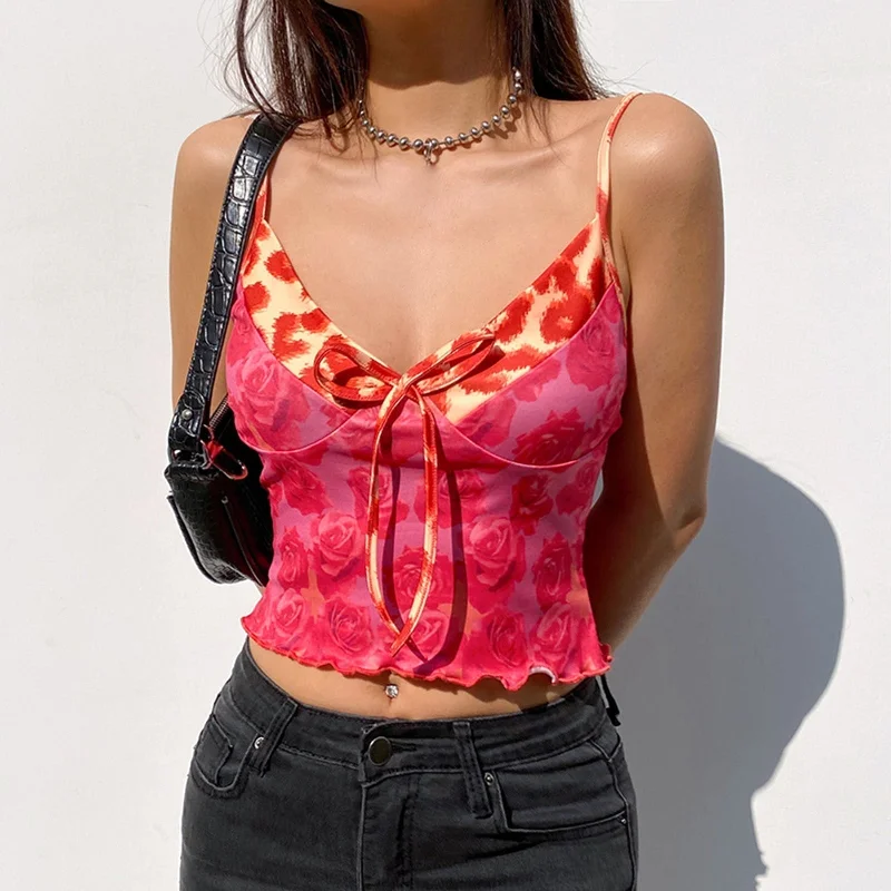 Buy Now JuliaFashion - 2024 Rose Print V-Neck Cami Tops