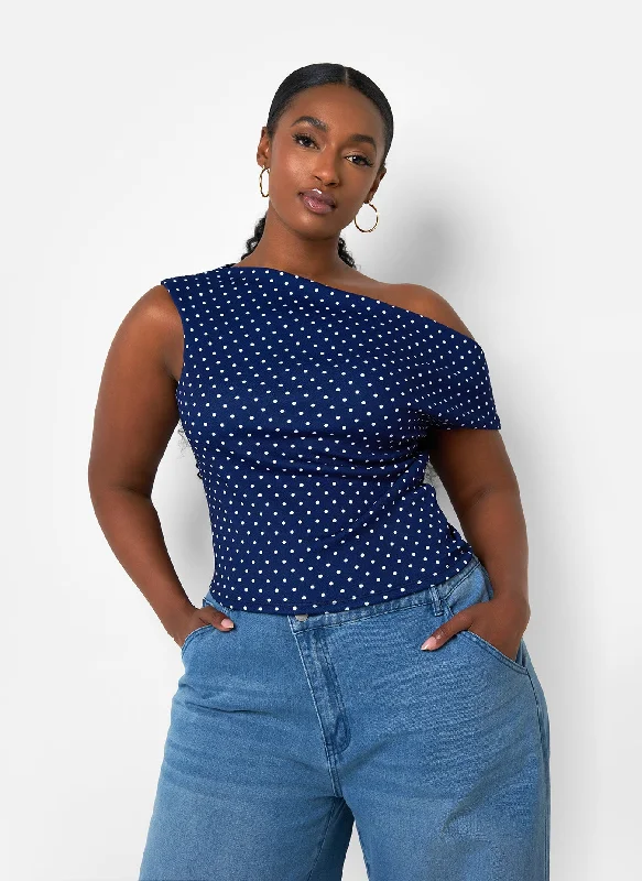 Weekend Savings Bonanza Bonnie Polka Dot Asymmetrical Top - Navy & White