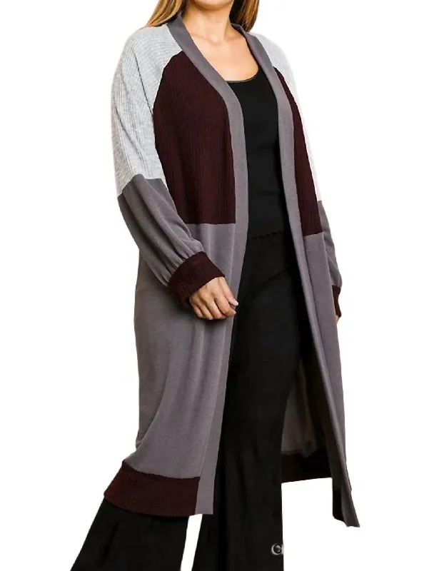 Bonus Offer Color Block Ribbed Sweater Cardigan In Charcoal/wine