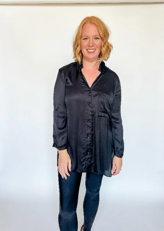 Weekend Discounts to Indulge In Highly Favored Long Satin Shirt - Black