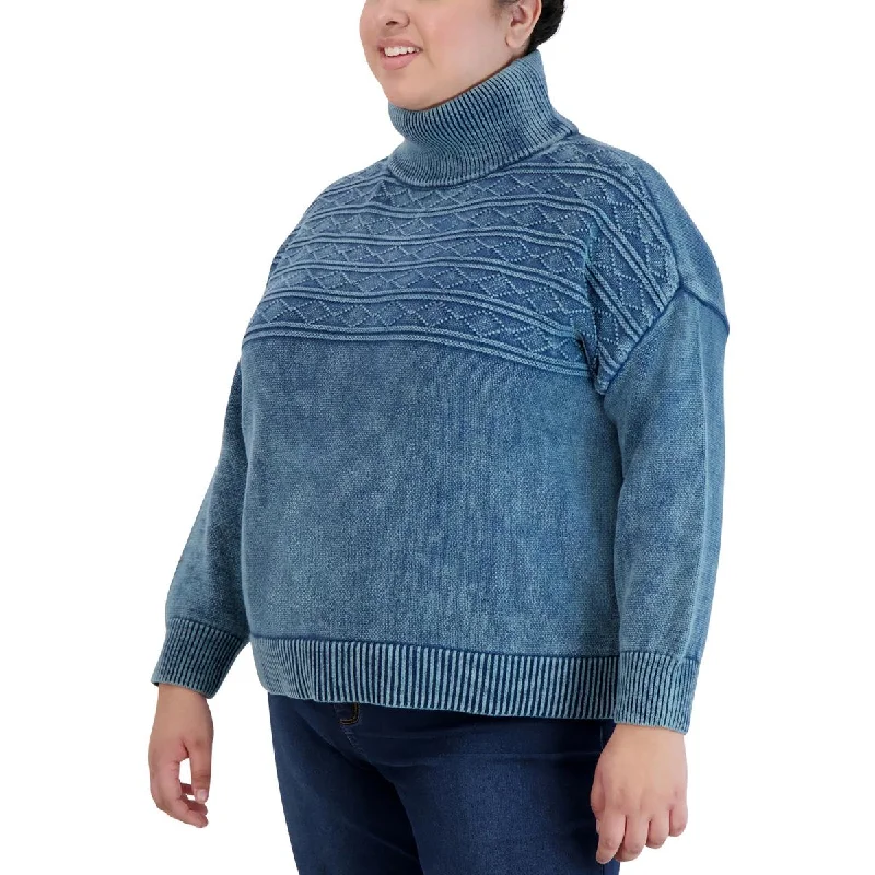 Final Sale Plus Womens Cable Knit Ribbed Trim Turtleneck Sweater