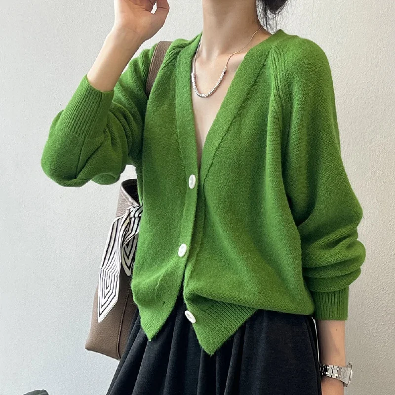 Epic Value Green V-Neck Knitted Cape Sweater for Women - Single Button Closure
