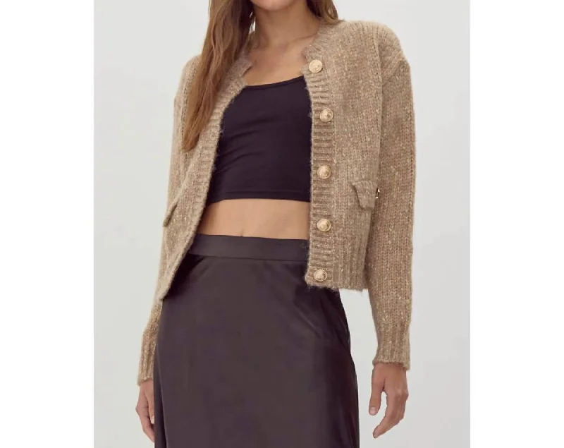 Don't Wait Preppy Knit Crop Cardigan In Beige