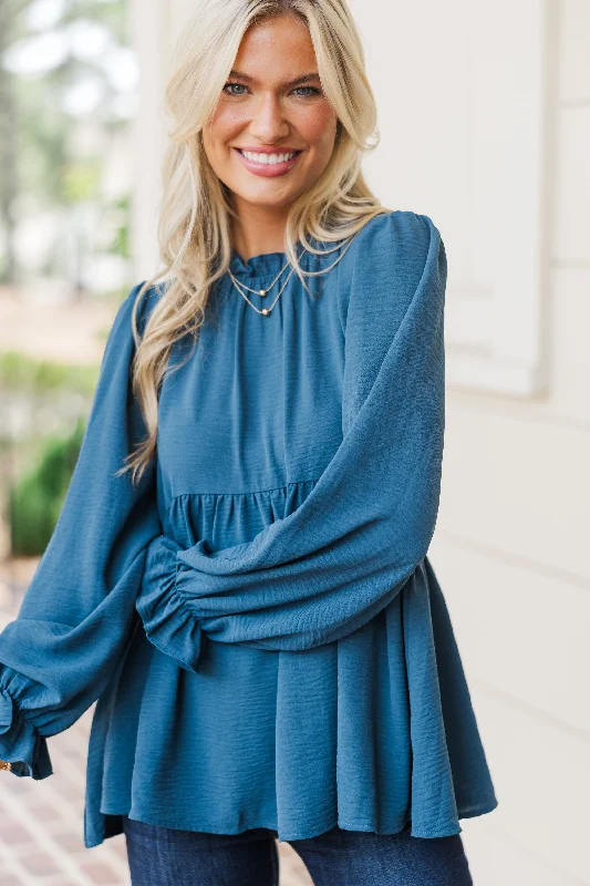 Shop and Save Making Moves Teal Blue Ruffled Blouse