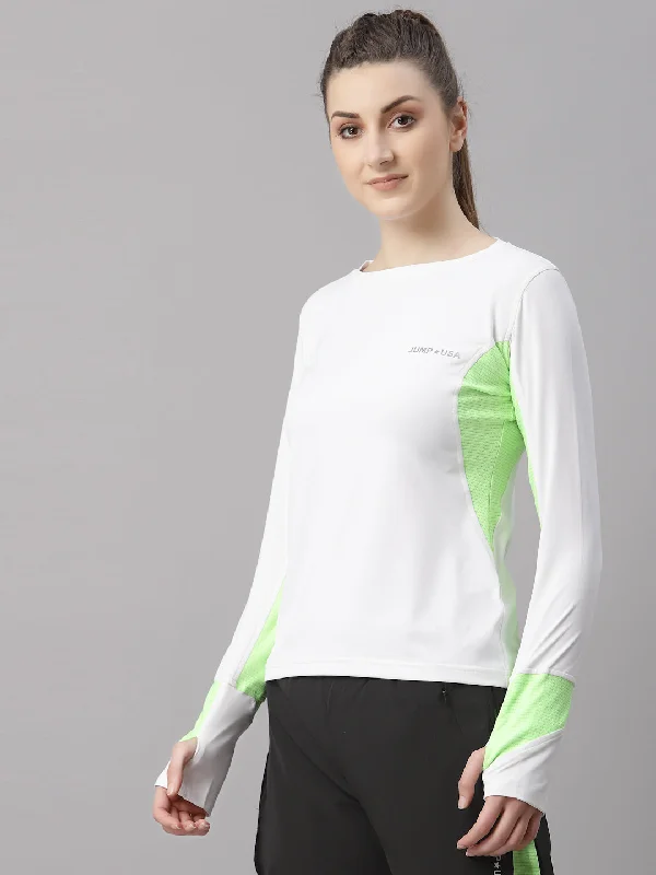 Buy Now JUMP USA Lifestyle Women White & Neon Green Polyster Round Neck T-Shirt