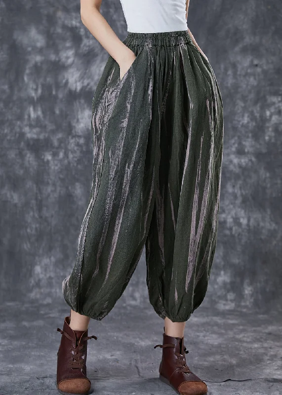 Super Sale Blackish Green Print Linen Harem Pants Oversized Spring