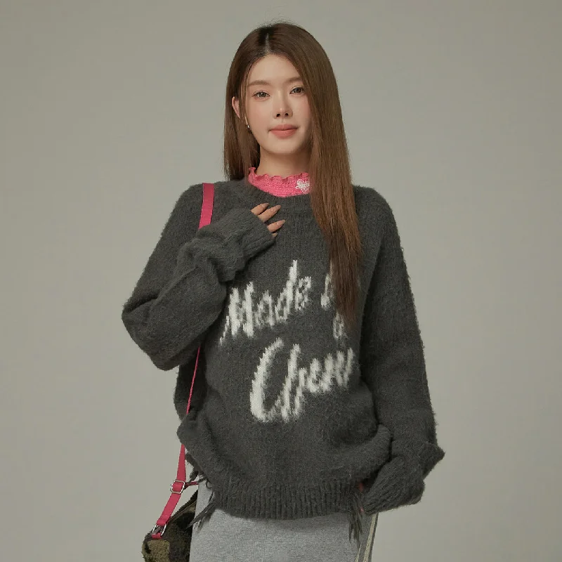 Year-End Clearance Logo Distressed Lettering Loose Fit Knit Sweater