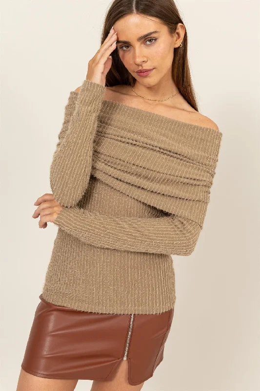 Exclusive Savings HYFVE Fuzzy Off Shoulder Textured Knit Top
