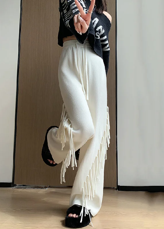 Extra Discount Chic Beige Tasseled Elastic Waist Cotton Knit Pants Spring