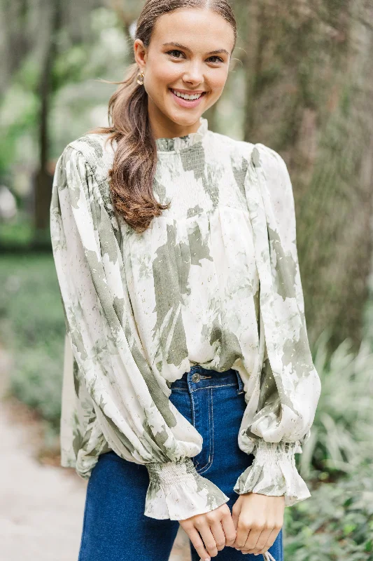 Weekend Deals That Please Check You Out Olive Green Abstract Chiffon Blouse