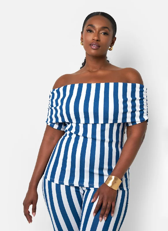 Extra Discount Shelly Strip Off Shoulder Top - White & Navy