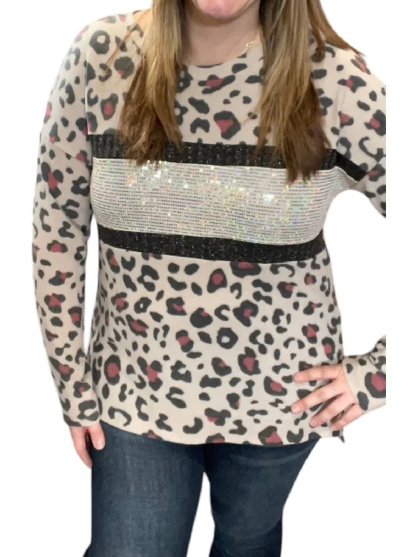 Discount Days Leopard With Sequin Sweater In Taupe