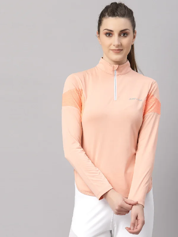 Exclusive Preview JUMP USA Lifestyle Women Coral & Neon Peech Polyster Stand Collor T-Shirt