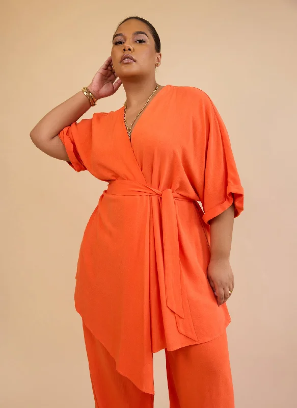 Instant Savings Nayeli Linen Longline Wrap Blouse - Burnt Orange