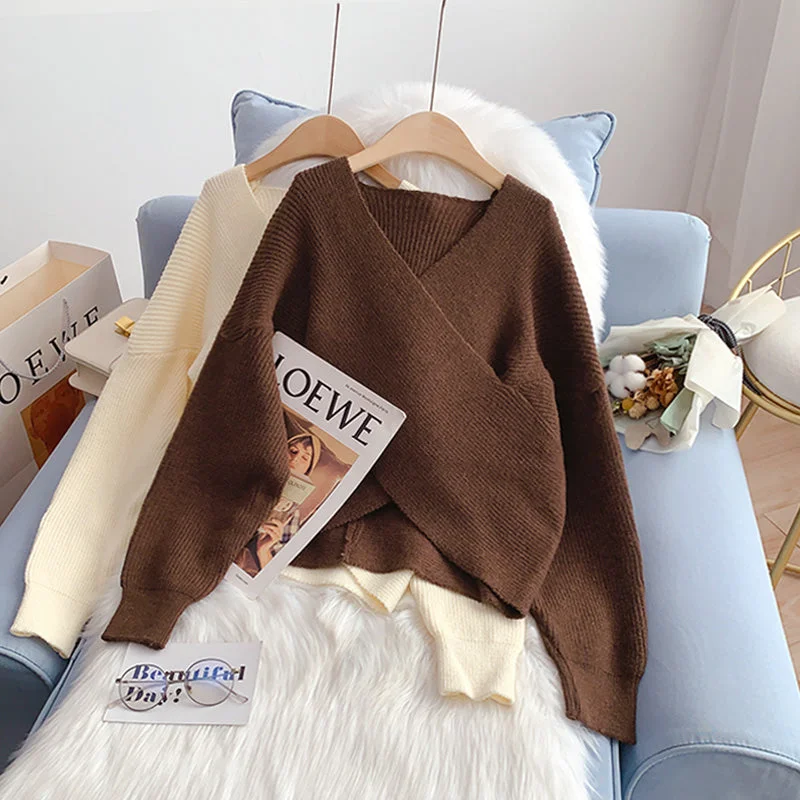 Crazy Deals Korean V-Neck Sweater Vintage loose lazy top  4971