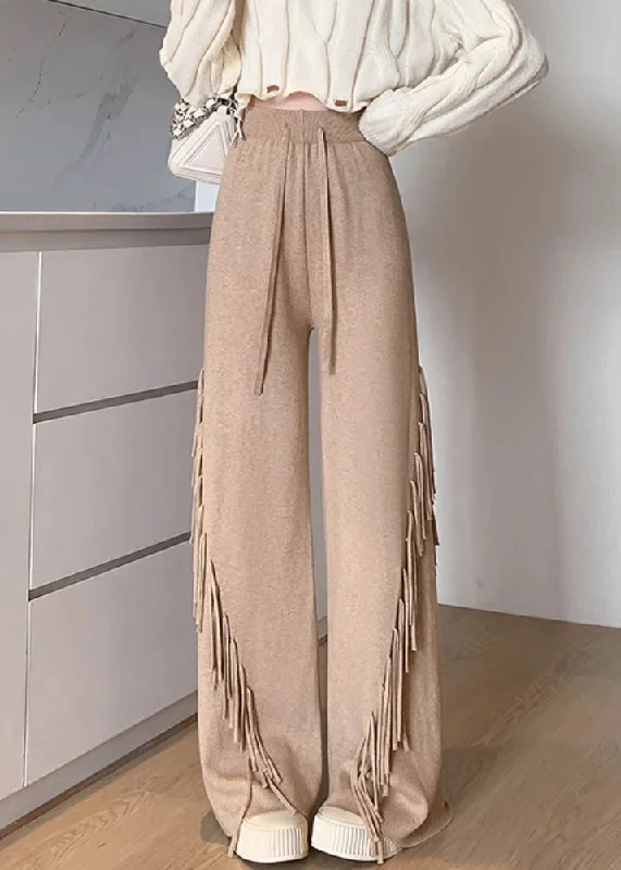 Huge Savings Camel Lace Up Patchwork Cotton Knit High Waist Pants