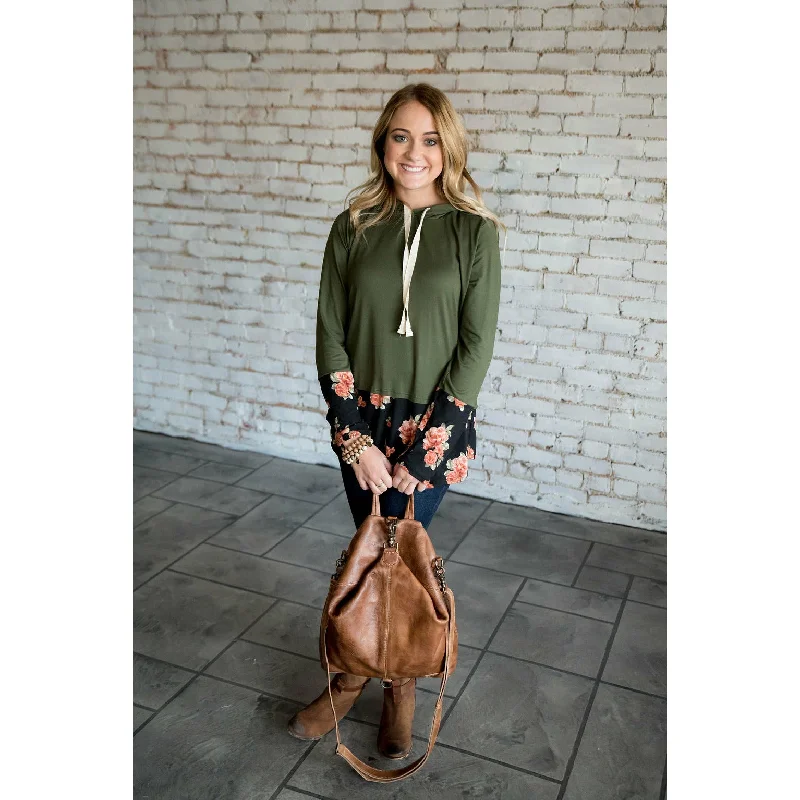 Online Only Olive Floral Tipped Hoodie