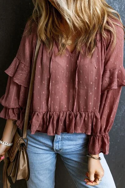 Weekend Savings Sensation Swiss Dot Tie Neck Flounce Sleeve Blouse