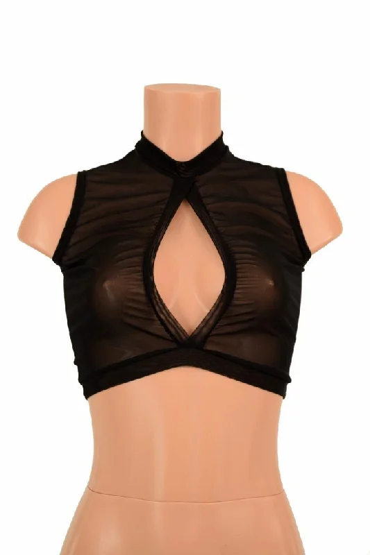Great Deal Sleeveless Keyhole Top in Black Mesh