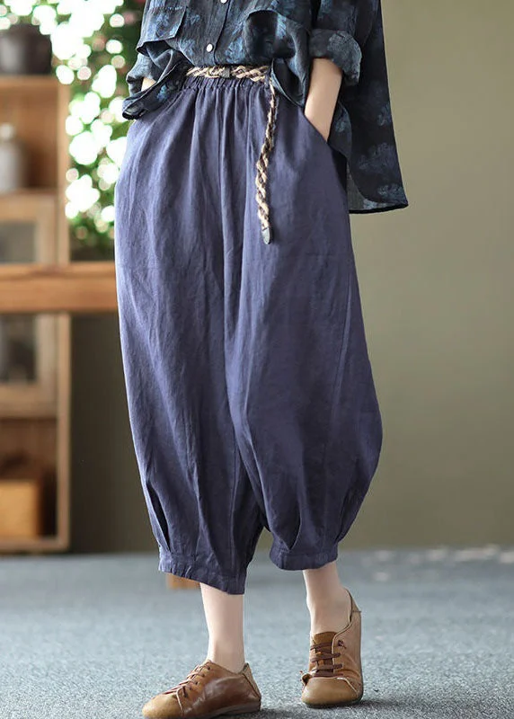 Special Promotion Italian Blue Pockets Wrinkled Patchwork Linen Crop Pants Summer