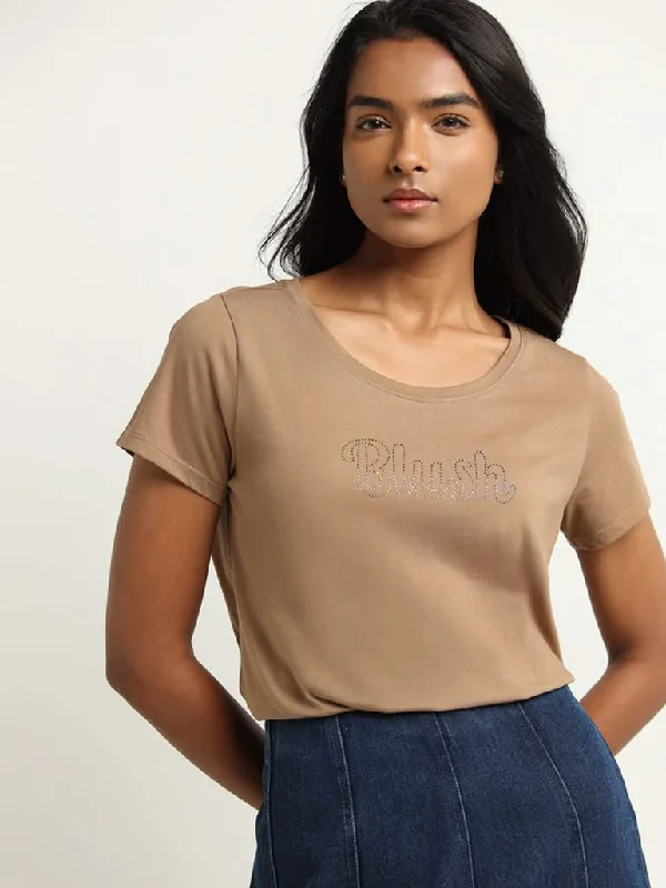 Final Clearance LOV Beige Embellished Cotton T-Shirt