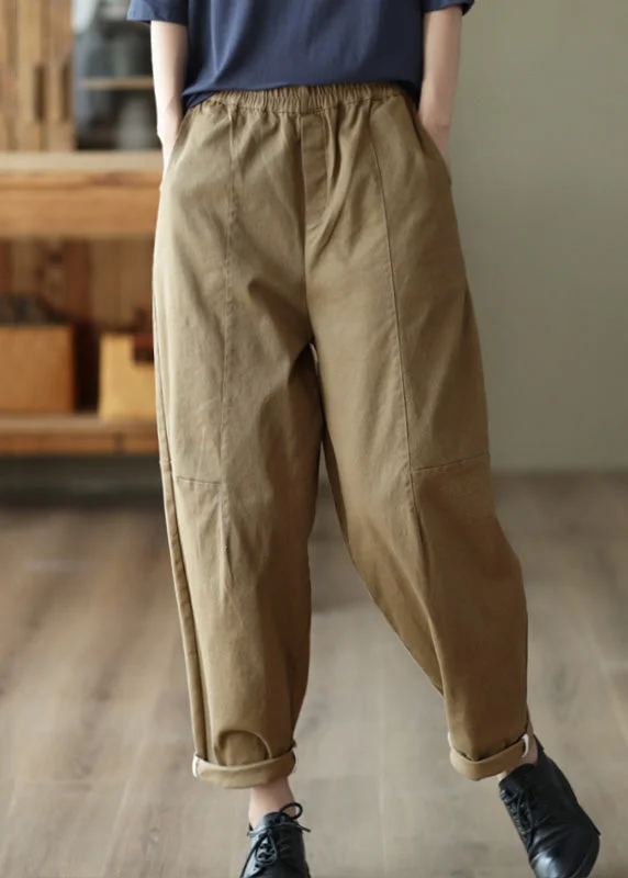 Clearance Items Dark Khaki Solid Elastic Waist Cotton Harem Pants