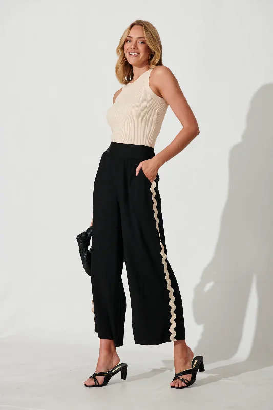 Act Now Chaser Pant In Black Linen Cotton Blend With Ric Rac Trim