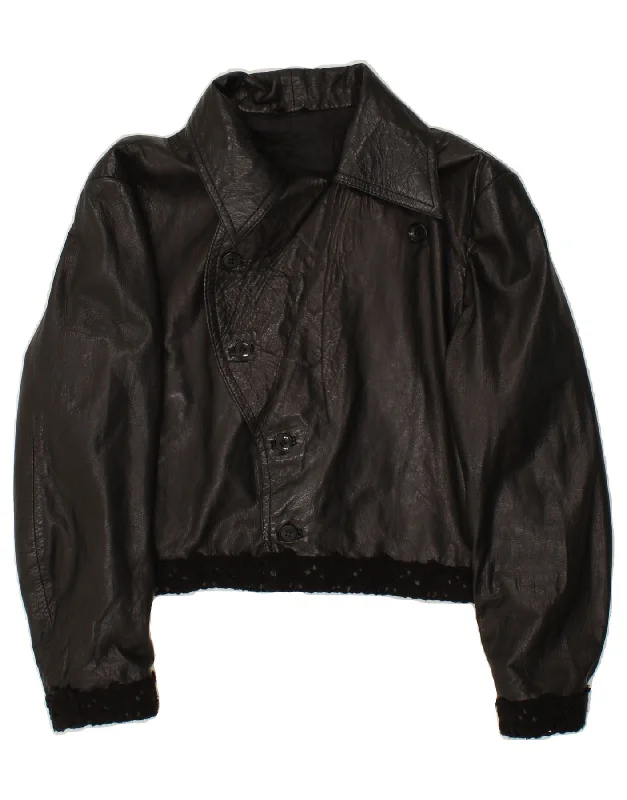 Super Sale VINTAGE Womens Crop Leather Jacket UK 14 Medium Black