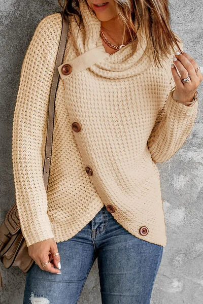 Price Drop Decorative Button Mock Neck Sweater