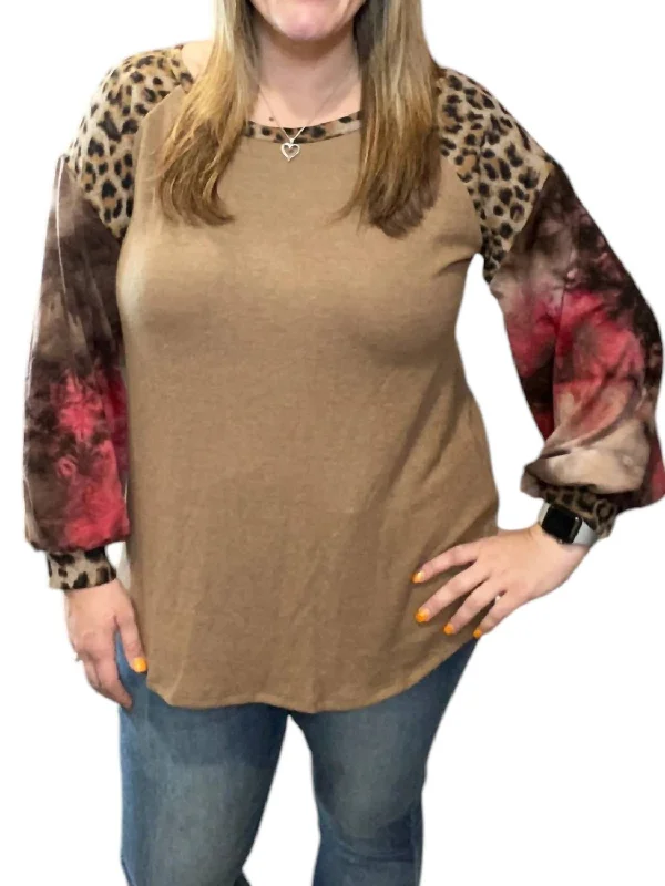 Can't Miss Leopard Tie Dye Puff Sweater In Brown