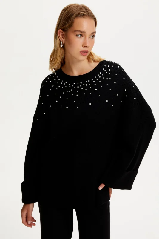 Can't Be Beat Crystal Stone Detailed Knit Sweater